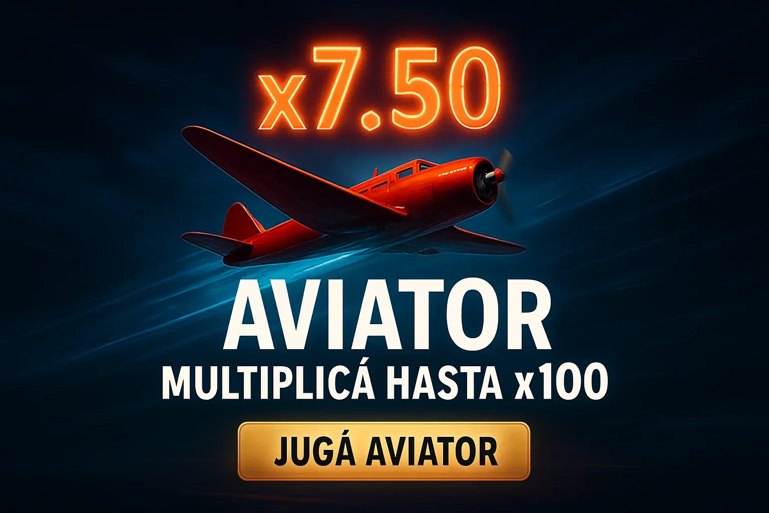 Banner de casino Aviator con avión rojo, multiplicador x7.50 y botón dorado