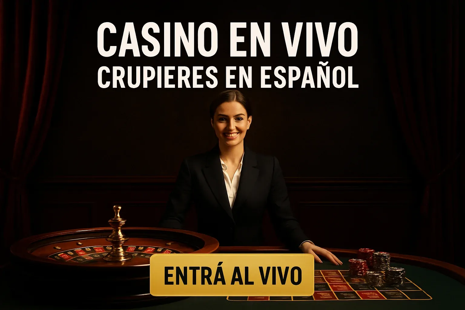 Banner de casino en vivo con crupier en español y ruleta