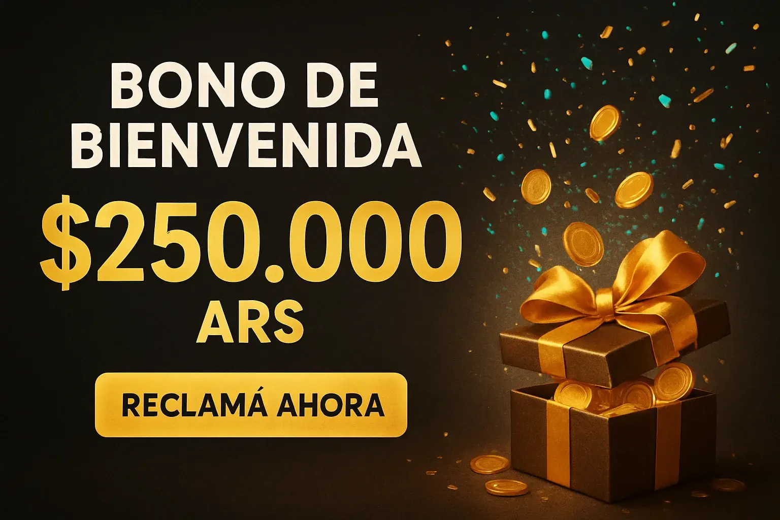Banner de casino con bono de bienvenida de 250.000 ARS y regalo dorado