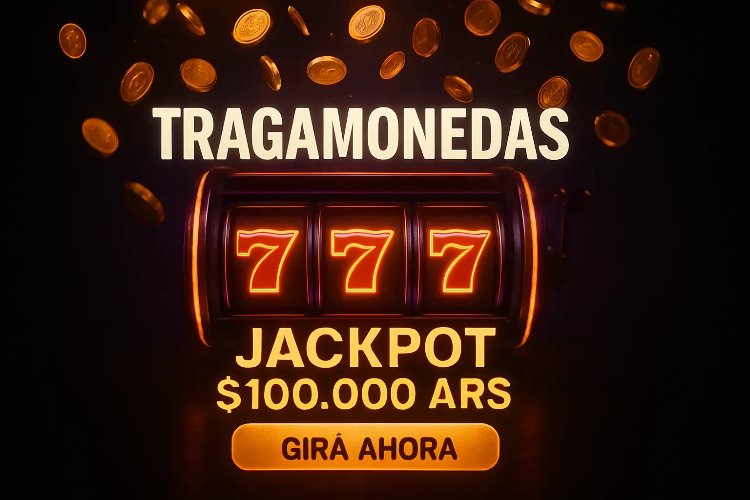 Banner de tragamonedas con jackpot 777, luces neón y botón Girá Ahora